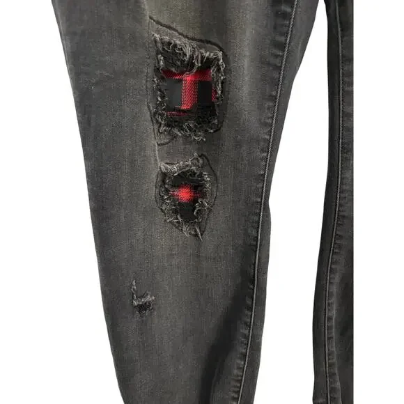 Judy Blue Womens 16W Black Plaid Patch Skinny Fit Biker Rocker Edgy Grunge Jeans - Picture 2 of 13